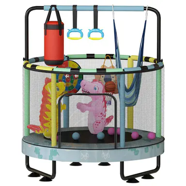 Lamerge Mini Round Toddler Trampoline - 7-in-1 Kids Toys with Basketball Hoop, Swing, Hanging Rings, Ocean Balls, Sandbag, Dartboard - Inflatable Outdoor Trampolines for Outdoor Play, Playful Safety-Certified Gift for Boys/Girls, Playful Outdoor Trampolin