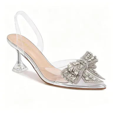BERNESS Nina Women's Wedding Guest Kitten Heels, Crystal Bow Clear Pointed Toe Slingback Pumps with Rhinestone Detail for Party, Date Night and Summer Events