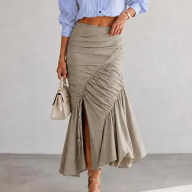 URBAN REVIVO Women's Pure Cotton Belted Fish Tail Half Skirt - Pleated, Fitted Mid-Length, High Slit, Invisible Zipper, Casual Spring Elegant Fashion Apparel