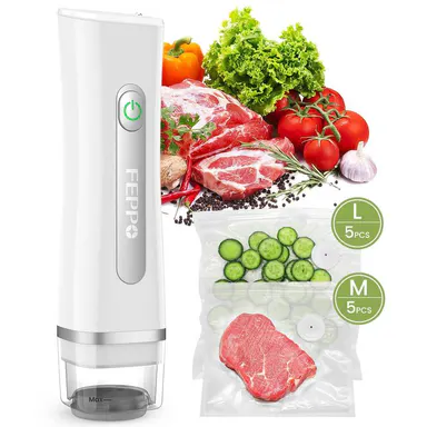 FEPPO Vacuum Sealer for Food with Visible Water Tank, 10 Reusable Bags,Powerful Suction, Handheld Rechargeable Saver, 6X Preservation & Fresh, Auto Stop, Sous Vide & Meal Prep