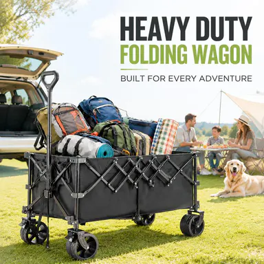 【Back To School 】Sweetcrispy Wagon Cart Collapsible 440lbs Foldable Extra Long Heavy Duty Utility Wagon with Wheels, Portable Storage Grocery Cart for Camping, Shopping, Sports, Beach, Garden