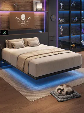 【SohoChic】ONBRILL LED Floating Bed Frame, Full/Twin/Queen/King Bed Frame with Power Outlet, Heavy Duty Metal Platform Bed Frame, Camas Queen, Easy Assembly, No Box Spring Needed, Noise-Free, Bedroom Furniture