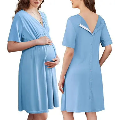 Ekouaer Women's Maternity Dress - Polyester Blend, Basic Stretchy V-Neck Short Sleeve, Buckle Back, Elastic Waist, Split Front, Nursing Access, Skin-to-Skin Readiness, for Postpartum Moms, Hospital Use, Momlife Women's Clothing