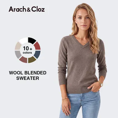Arach&Cloz 2026 Womens Wool Blend Sweater Soft V Neck Long Sleeve Fashion Pullover Tops Business Casual Outfits