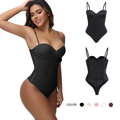 JOSHINE Shapewear Corset - Women's Large Cup 1-Piece Bodysuit, Waist Cincher, Backless Strapless Back-Tie Sleeveless Pleated Stretch Top, Body Slimming Minimalist Underwear Basic Blk