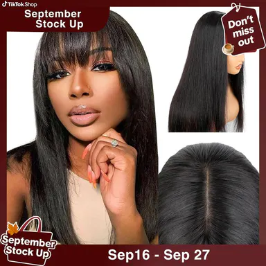 [New In Upgrade With Drawstring] Mamushow Straight Wigs with Bangs Human Hair 2x4 Lace Wig with Drawstring 180% Density Middle Part for Black Women Glueless Machine Made Wigs #tiktokshopstockup#SohoChic