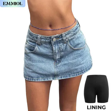 EMMIOL【Back to School】Low Waist Denim Skirt Skorts Mini Denim Shorts Bodycon Mini Jean Skirt Vintage Y2K Skirt for Women - Casual Style Regular Fit Above Knee Cotton Material Multi Belt Loops Chic Womenswear Machine Washable Summer vibes
