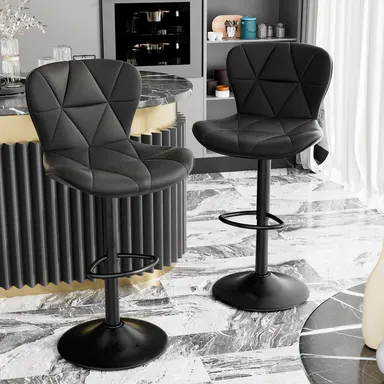 Modern Bar Stools, Adjustable Faux Leather Upholstered Swivel Bar Stools, Counter Height Bar Chairs with Back for Kitchen Island, Black