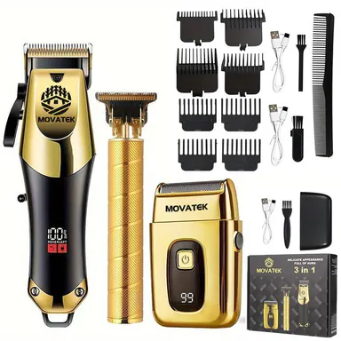 3 Piece Professional Blonde Hair Clipper & Trimmer Kit for Men USB Rechargeable Barber Set Featuring LCD Display, Adjustable Blade Hair Clippers, and Professional Men's Trimmer Hair Cutting Kits, Face