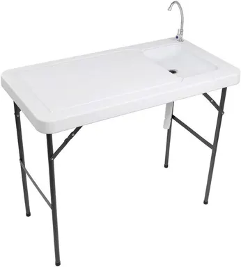 VINGLI Stainless Steel Foldable Camping Table - Heavy Duty Camping Furniture, Sturdy Large Outdoor Tables for Road Trip, RV Use, with Sink, Standard Garden Connection, Upgraded Drainage Hose, Portable Outdoor Accessory