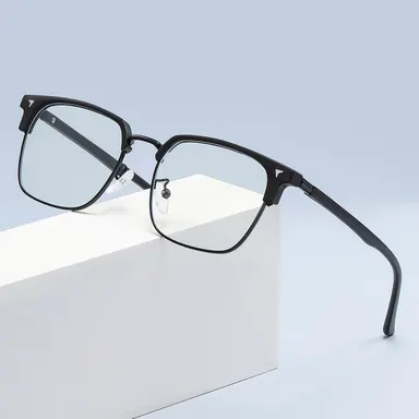 [Blue Light Blocking] Retro Square Semi-Rimless Glasses | Stylish PC + Metal Wear-Resistant Blend Non-Prescription Glasses for Reading, Gaming, and Computer Use (Includes Cleaning Cloth & Case)