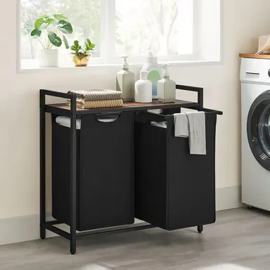 SONGMICS VASAGLE Modern Laundry Sorting Basket Home Supplies, Bathroom Home Organizer - Multi-Size, Rectangle, Top Shelf, Pull-Out Bag, Antitip Wall Mount, 2 Anti-Tip Devices, MDF+Oxford, 1 Compartment (19.7x13x28.4in), 2 Compartments (28.8x13x28.4in)