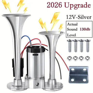 2026 Upgraded 12V 130DB High-Power Dual Air Car Horn Kit Set with Compressor - Easy-Install Vehicle Accessory, Loud Alert for Trucks, SUVs, Home Security (SilverBlack)