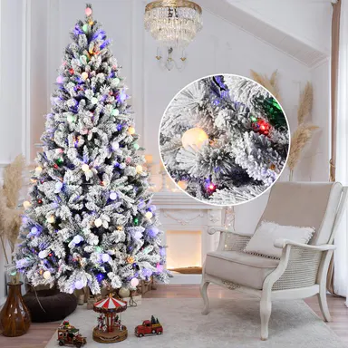 7.5/8ft Pre-Lit Flocked Christmas Tree with Warm & Colorful Lights | Auto-Lighting 3-Section Plug Design | 9 Light Modes, 1523 Tips, Easy Setup，Foldable Metal Stand, Easy Setup for Cozy White Xmas Decor Rgb Steel Decoration