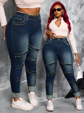 【Plus Size】 Raw Hem High Waist Dark Wash Stretchy Denim Jeans, Denim Pants Basic Comfy Slim-fitting Outfits Women's Bottoms for Summer