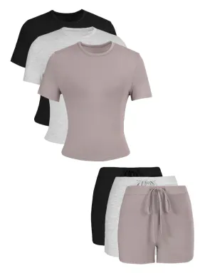 Women's Breathable Solid Color Top & Skinny Shorts Loungewear Set, Casual Comfy Basic Short Sleeve Tee & Minimalist Sleep Shorts Set, Ladies Pajama Set Pjs Pyjamas Sleepwear for All Seasons