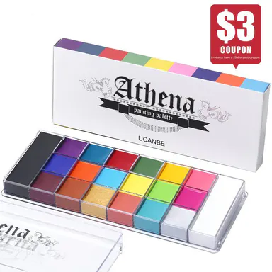 UCANBE Athena 20-Color Face and Body Oil Paint Palette - Professional Safe Non-Toxic Beauty Product with Body Shimmer Oil, Powder, Cleansing Feature for Adults' Cosplay, Halloween (Cinnamon, Silver, Violet, Teal, Black, White, Navy Blue, Lime)