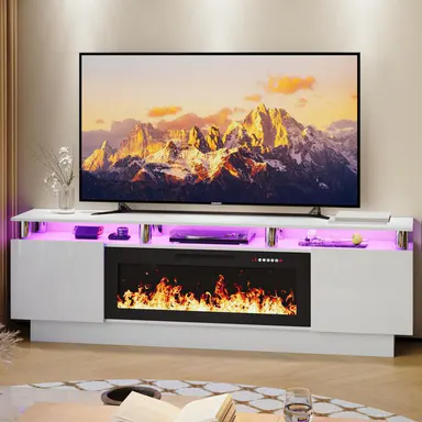 PUKAMI 70 Inches Fireplace TV Stand for TVs up to 80 Inches Console with 36'' Electric Fireplace & Remote, Wooden Modern Entertainment Center for Living Room, Tv Shelf, Room Decor