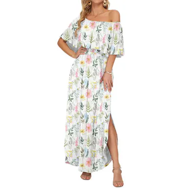 AUSELILY Women's Plus Size Off The Shoulder Dress Wedding Guest Dress Summer Casual Long Ruffle Party Side Split Beach Maxi Dresses with Pockets