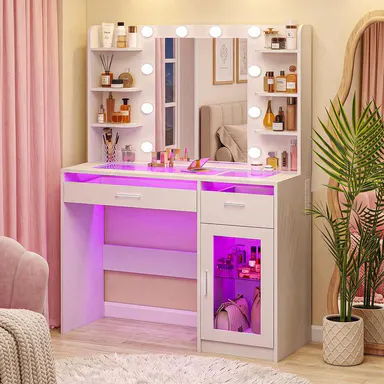 Vanity Desk with Mirror and Lights, Makeup Vanity Desk with Lights 3 Colors, Transparent Top Vanity with 2 RGB Drawers, 6 Shelves, Large Tempered Cabinet, Power Outlet, for Bedroom, White
