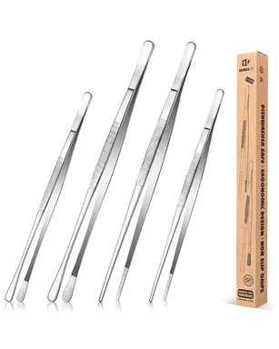 4 Pcs Fine Long Tweezer Tongs Professional Black Set,12'' and 10'' Stainless Steel for Kitchen Utensils , Food, Cooking, Repairing, Sea food and BBQ