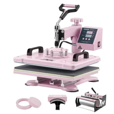 VEVOR Heat Press Machine,  , 12 x 15 inch, 5 in 1 Heat Transfer Machine with 30 oz Tumbler Press, 360° Swing Away T-Shirt Pressing, Digital Precise Control, for T-Shirts/Mugs/Hats/Plates, Pink