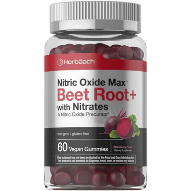 Horbäach Nitric Oxide Beet Root Gummies - 60 Count - with Nitrates - Strawberry Flavor - Vegan, Non-GMO, Gluten Free Supplement