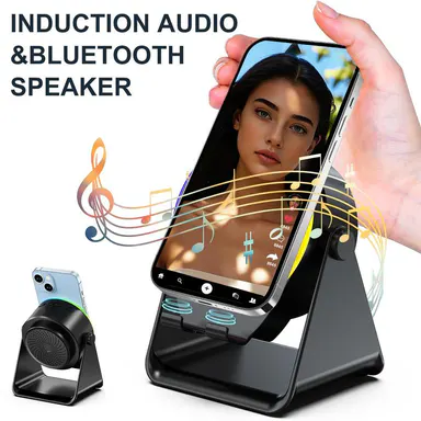 Dohelly 5-in-1 Wireless Induction Bluetooth Speaker - 360° Rotatable LED Stand, Universal Smartphone/Tablets Charger, Surround Sound, Portable Desktop Gift for Home Cooking, Father's Day