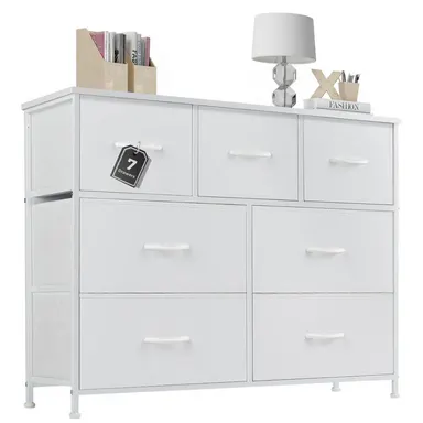【Deal】Drawer Dresser Organizer Storage Drawers Fabric Storage Tower with 7 Drawers, Chest of Drawers with Fabric Bins, Steel Frame, Wood Top