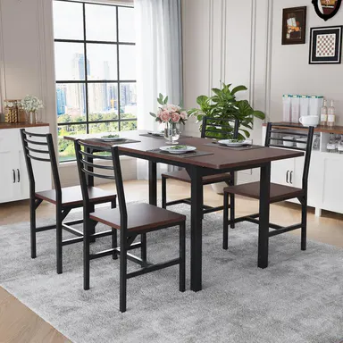 VOWNER 63” Extendable Dining Table Set for 4-6 People, 5-Piece Dining Table Set for 4 People with 4 Chairs, Kitchen Table Set with MDF Wood Board and Metal Frame, for Small Space, Apartment