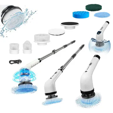 Portable Cordless Electric Spin Scrubber - IPX7 Full-Body Waterproof Multi-Head Set with 4 Replaceable Heads, 3 Adjustable Extension Handles, 2-Speed, USB Cable, for Home Decor, Apartment Stuff, Room Gadgets Deep Cleaning