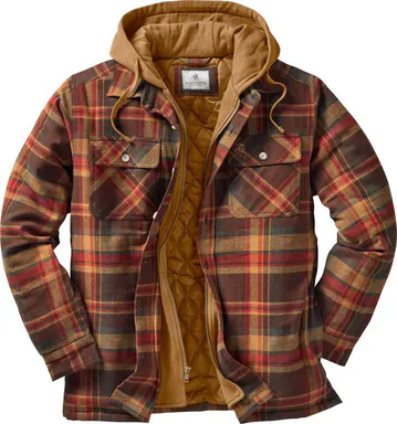 Legendary Whitetails Maplewood Plaid Hooded Shirt Jacket -  Men's Menswear Tops, Button-Up Insulated Flannel with Quilted Lining, Embroidery Accents, Fleece-Satin Details
