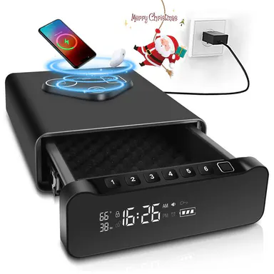 【SummerVibes】FTOP Smart Biometric Home Security Safe for Desk Users - Anti-Theft Digital Lock Safe with 3-in-1 Watch & Phone Wireless Charging, Drawer Lock, Humidity-Temp Reader, Alarm Clock, Screen for Handgun & Cash Storage