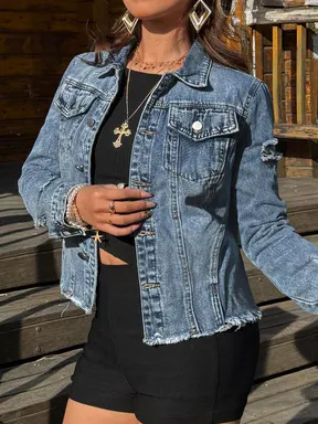 Plus-Size Fitted Solid Ripped Button-Front Collared Denim Shirt Jacket, Casual Long-Sleeve Pocket Outerwear for Summer Daily Wear