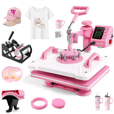 AKEYDIY Pink 15''x12'' Heat Press Machine for Tshirts, 5 in 1 Heat Transfer Machine, Heat Printing Press for Sublimation Combo with 360° Swing Away for Hat Cap Mug Plate, Beginner-friendly, Christmas Gifts Design Handicraft, mothersdaygift,back to school