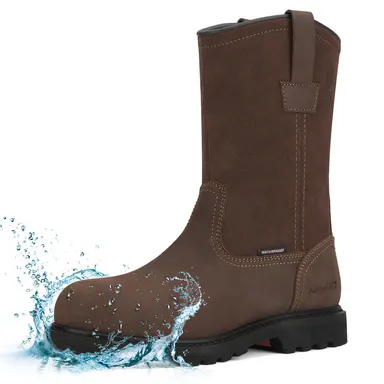 NINGO Men's Full-Grain Leather Closed Slip-On Wellington Work Footwear - Waterproof, Oil-Resistant, Slip-Resistant, EH Protection, Iron Shank, Gel Padding, Flexible Walking Shoes for Workers, Industrial Settings, Outdoors (Size Tip: Half or 1 Size Up)