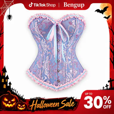 Women's Lace Up Boned Overbust Corset Top Bustier Lingerie Bodyshaper Top Halloween Costumes Shapewear Gothic Party Outfit Floral Blue Witchy Clothing 819AJ D3
