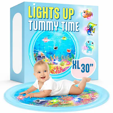 SplashEZ 30\" / 76 cm Light-Up Tummy Time Water Mat Sensory Playset for Babies with 3 LED Glow-Up Fish, 3 Floating Toys, BPA-Free, CPSC Certified, Easy to Clean Play Mat Ocean