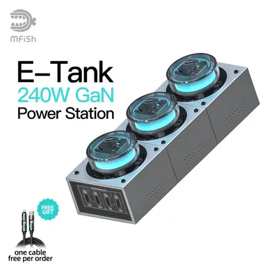 mfish E-Tank 7-in-1 GaN Desktop Charging Station - 240W High-Output USB-C for Quick Top-Ups, 1250W AC Power Hub, 4 Ports, 3 AC Outlets Ready, Color Changing RGB Light, for USB Smartphones, Covers Phones to Gaming Gear, Fast Charging