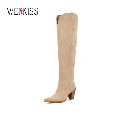 Wetkiss Thigh High Cowboy Cowgirl Boots for Women, Over the Knee with Vintage Embroidery, Side Zipper, Chunky Heel Design, Women's Shoes, Women's Boots , shoes for back to school#WeeklyDeals #tiktokshopbacktoschool