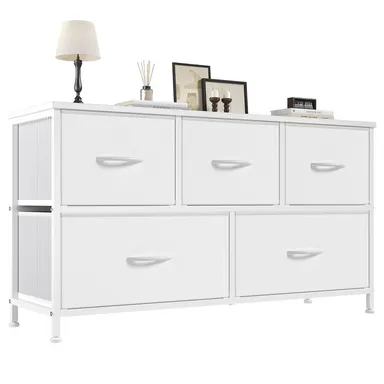 Sweetcrispy 5-Drawer Sturdy Chest of Drawers - Modern Dresser Storage Chest with Fabric Bins & Black Wood Top, Organizer Storage, Furniture for Small Spaces, Small Room Organization Products, Apartment Credenza Cabinet, Closet Organization, Storage Organi