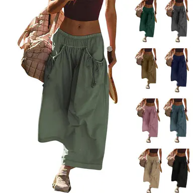 SCUSTY Women's Loose Wide Leg Track Pants Drawstring Pockets Elastic Waist Capri Hiking Pants Womenswear