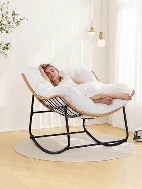 【Double-Side Fabric】ONBRILL Oversized Indoor Outdoor Rocking Chairs, Comfy Papasan Rocking Chair with Padded Cushion, Rattan Wicker Lounge Chair, Modern Reading Accent Chair for Balcony Garden, LivingRoom Furniture,Christmas Gift【TiktokShopStockUp】