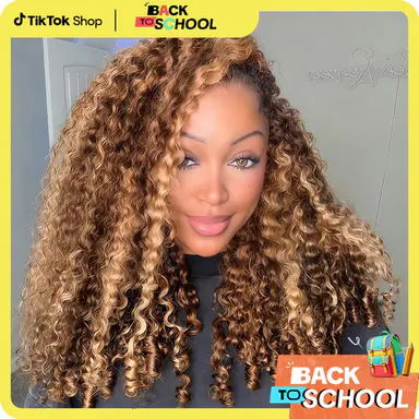 [3 In 1 Half Wig] Cheetah Beauty P4/27 Highlight Burmese Curly Glueless Half Wig Seamless Flip Over Drawstring Wig Wear Go Half Wig Invisible Hairline Glueless Afro Kinky Curly Human Hair Beginner Friendly #TikTokShopBackToSchool