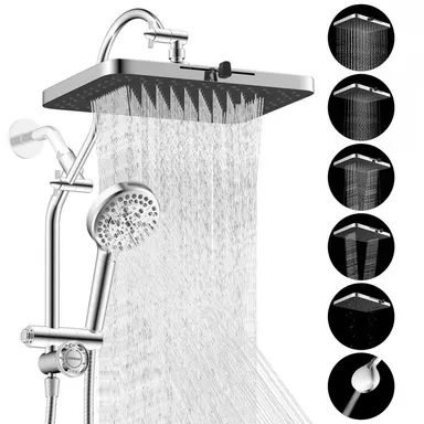 Hibbent Upgraded Chrome Wall-Mount Brass Shower Head Combo - cUPC Certified for Adults/Unisex, 13'' High-Pressure Rainfall, 5-Jet, 10-Settings Handheld, 12'' Extension Arm, 4-Way Diverter, 71'' Hose, Holder, Multi-Spray Adjustable Waterfall