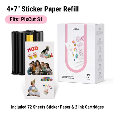 [PixCut S1 4×7'' Sticker Paper] Liene Sticker Paper & Cartridge (Enhanced Adhesion Version) for PixCut S1 - 2 Ink Cartridge Refills & 72 Sheets 4x7\" Photo Paper, Dye Sublimation Waterproof, Compatible only with Liene PixCut S1