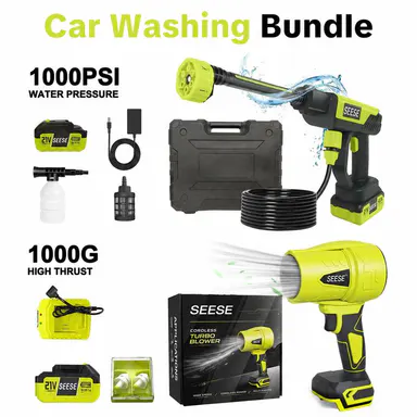 SEESE 21V Cordless Car Washing Bundle with 1000 PSI Pressure Washer & 1000G Turbo Leaf Blower Combo Kit for Car Wash + Drying, Patio & Garden Cleaning