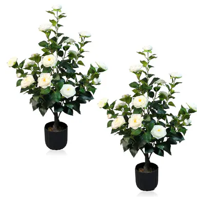 2 Pcs 3-foot Camellia Tree with Decorative Pebbles, Flower Pot, 24 Realistic Flowers, 188 Leaves for Indoor, outdoor courtyard Home Decor