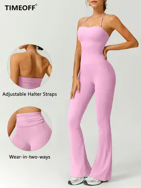 TIMEOFF Women's Halter Neck Athleisure Jumpsuit - Solid Color, Full Length Flared Legs, Bodycon Fit, Butt Lifting, Tummy Control, Stretchable Gym Workout Apparel