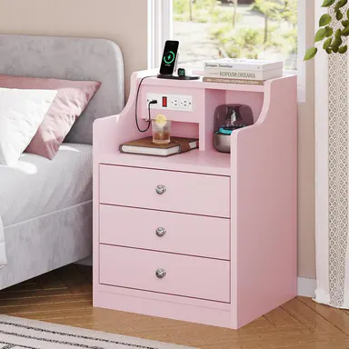 Sikaic Nightstand with Charging Station, Pink Night Stand with Hutch, Bedside Table with Drawers, Bedside Table with Storage, Home Furniture, Dorm Essentials [tiktokshopbacktoschool]